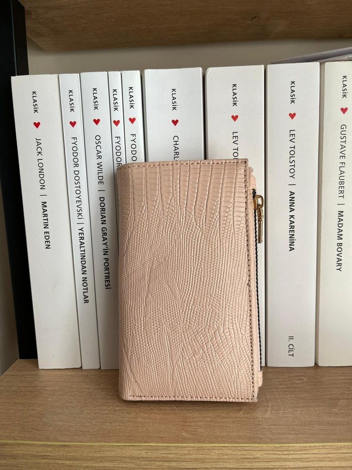 toz pembe Deri Yılan Desenli Fermuarlı Kadın Cüzdan - Görsel 2