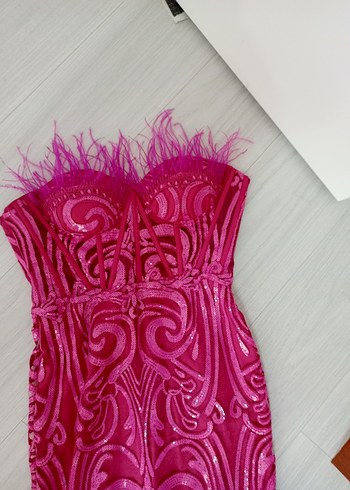 Pembe Straplez İşlemeli Dantel Uzun Abiye Elbise - Görsel 6