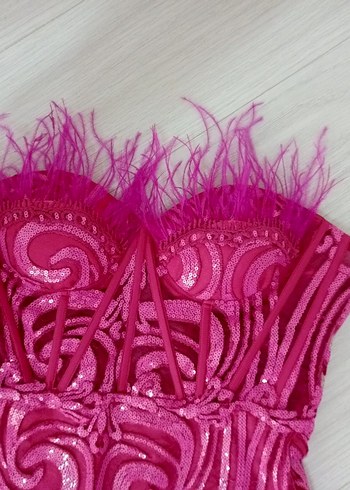 Pembe Straplez İşlemeli Dantel Uzun Abiye Elbise - Görsel 9