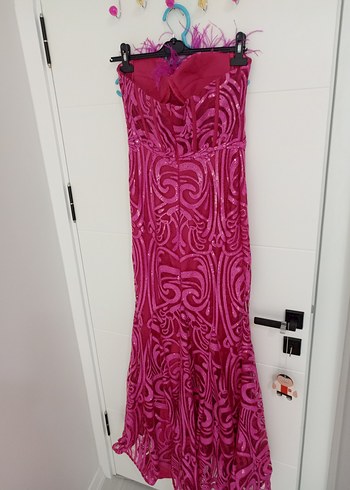 Pembe Straplez İşlemeli Dantel Uzun Abiye Elbise - Görsel 15