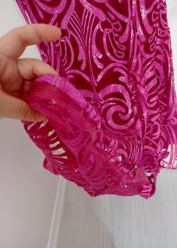 Pembe Straplez İşlemeli Dantel Uzun Abiye Elbise - Görsel 11