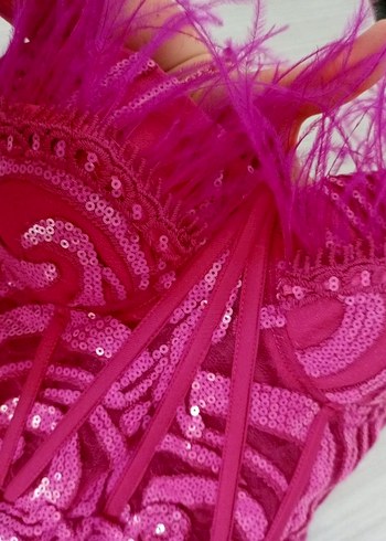 Pembe Straplez İşlemeli Dantel Uzun Abiye Elbise - Görsel 8