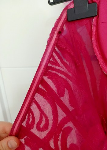 Pembe Straplez İşlemeli Dantel Uzun Abiye Elbise - Görsel 5