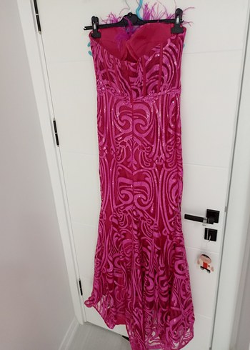 Pembe Straplez İşlemeli Dantel Uzun Abiye Elbise - Görsel 14