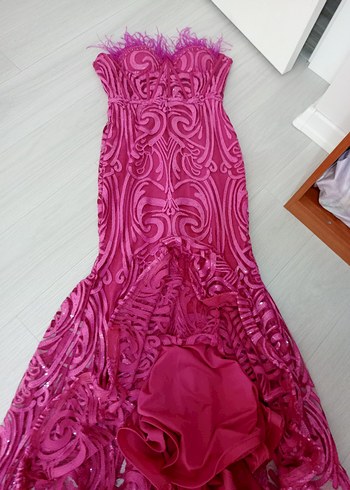 Pembe Straplez İşlemeli Dantel Uzun Abiye Elbise - Görsel 7