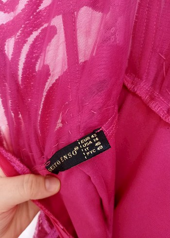 Pembe Straplez İşlemeli Dantel Uzun Abiye Elbise - Görsel 10