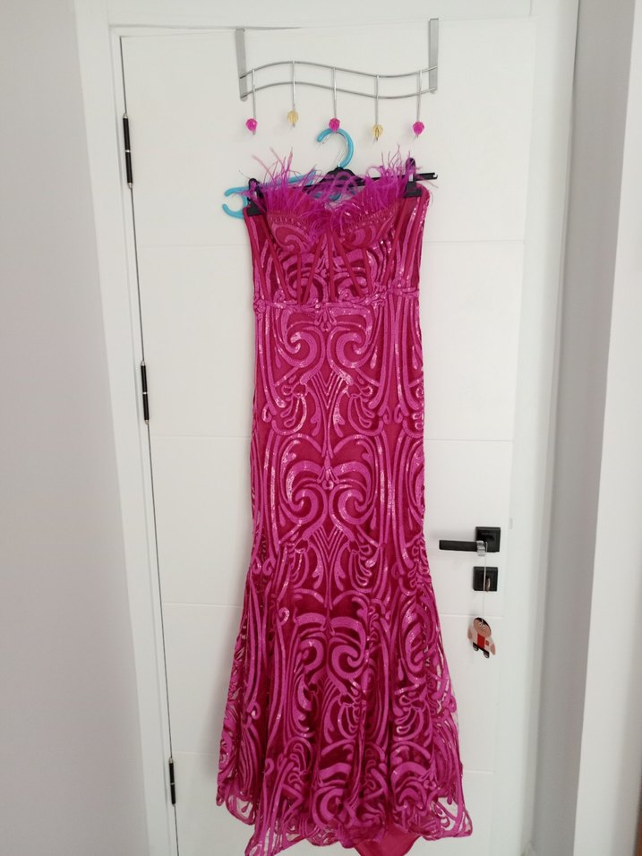 Pembe Straplez İşlemeli Dantel Uzun Abiye Elbise - Görsel 2