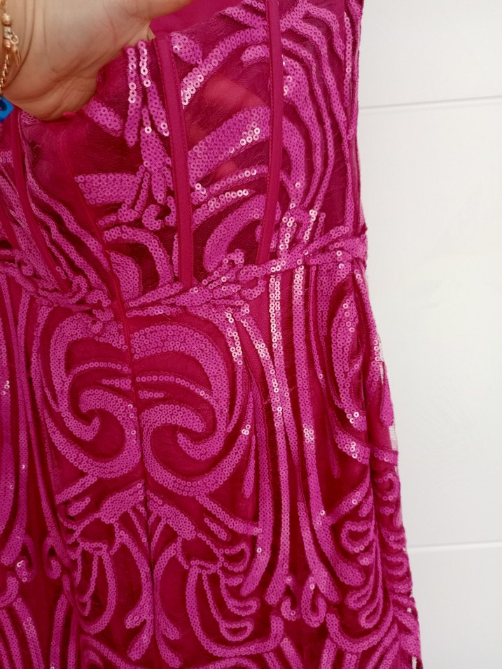 Pembe Straplez İşlemeli Dantel Uzun Abiye Elbise - Görsel 3