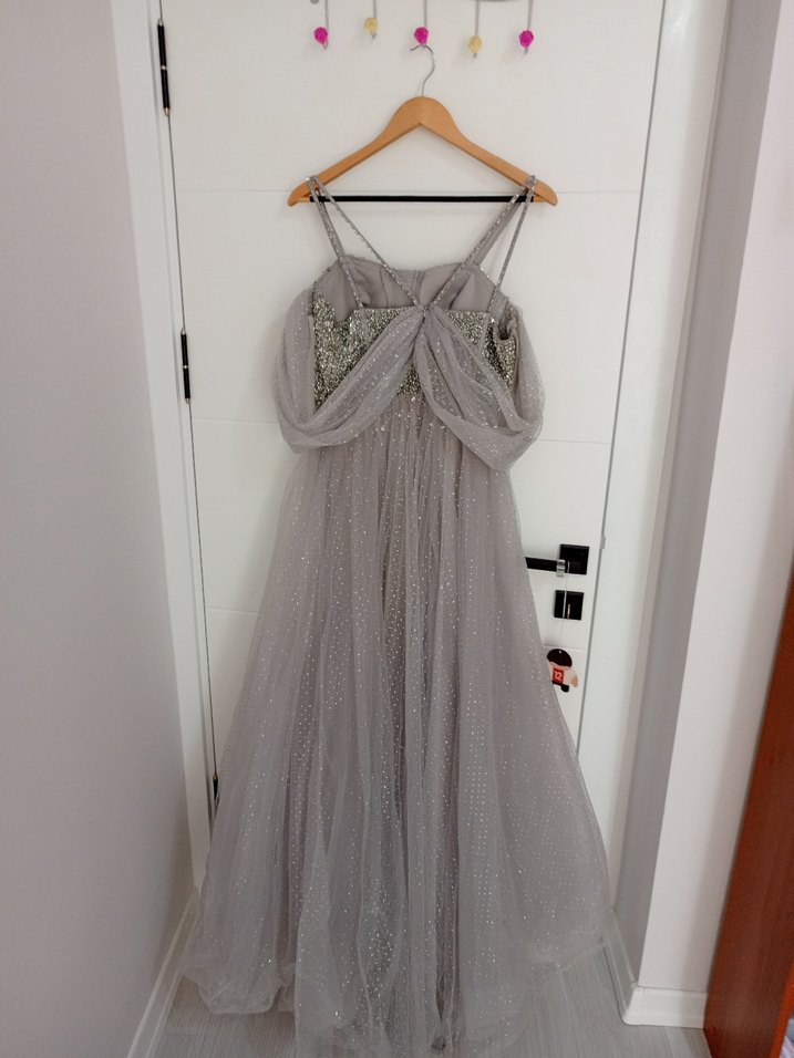 Gri Drapeli Uzun Abiye Elbise - Görsel 3