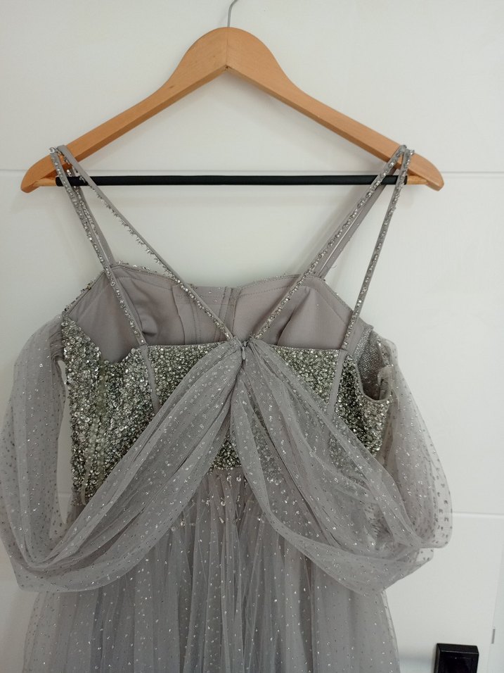 Gri Drapeli Uzun Abiye Elbise - Görsel 4