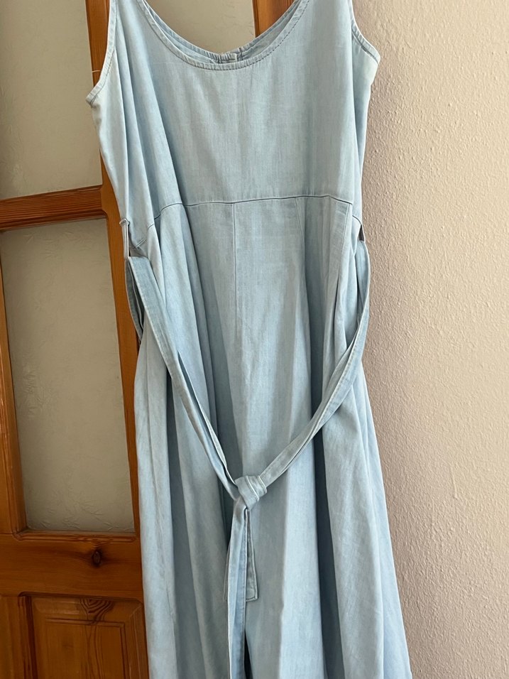 Mavi Düğmeli Askılı Midi Kot Elbise - Görsel 2