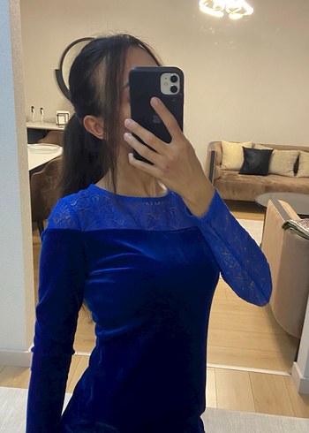 Dantel Detaylı Uzun Kollu Mavi Midi Elbise - Görsel 2