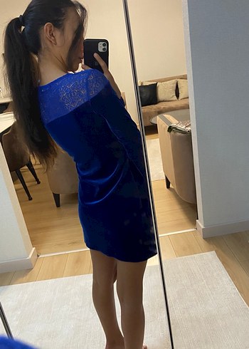 Dantel Detaylı Uzun Kollu Mavi Midi Elbise - Görsel 4