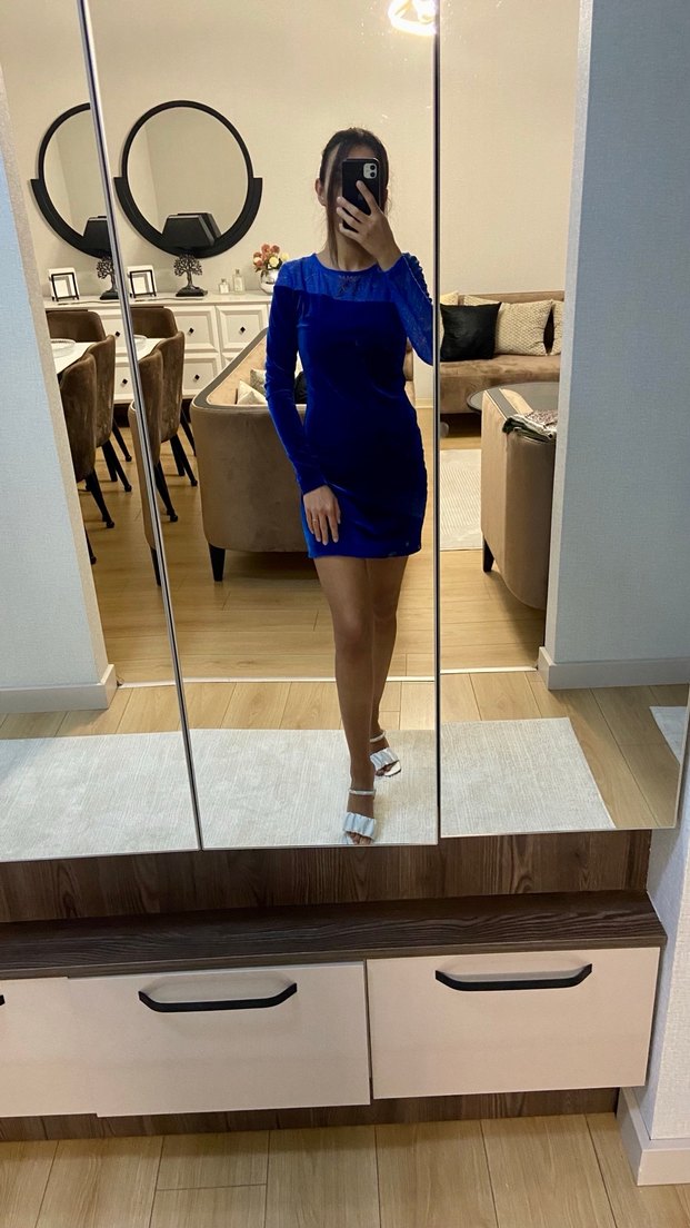 Dantel Detaylı Uzun Kollu Mavi Midi Elbise - Görsel 3