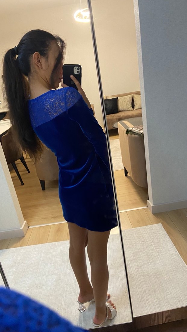 Dantel Detaylı Uzun Kollu Mavi Midi Elbise - Görsel 4