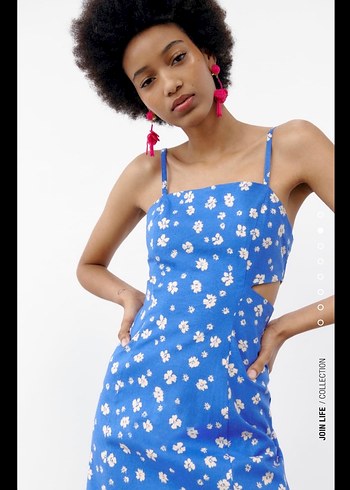 Mavi Çiçek Desenli Midi Straplez Elbise - Görsel 2