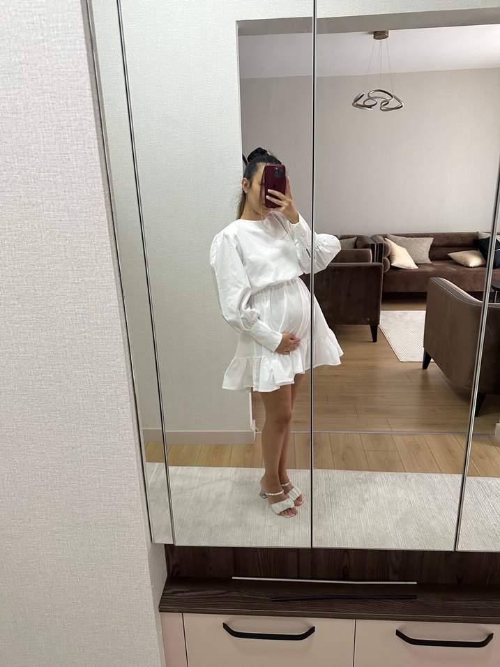 Beyaz Pamuklu Mini Elbise, Uzun Kollu, Rahat Kesim - Görsel 2