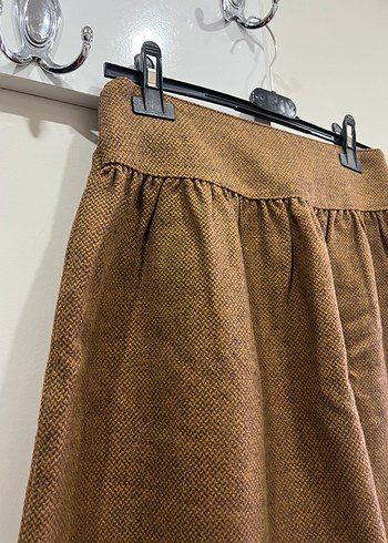 Kahverengi Yün Mini Etek, Kemerli, Bol Kesim - Görsel 2