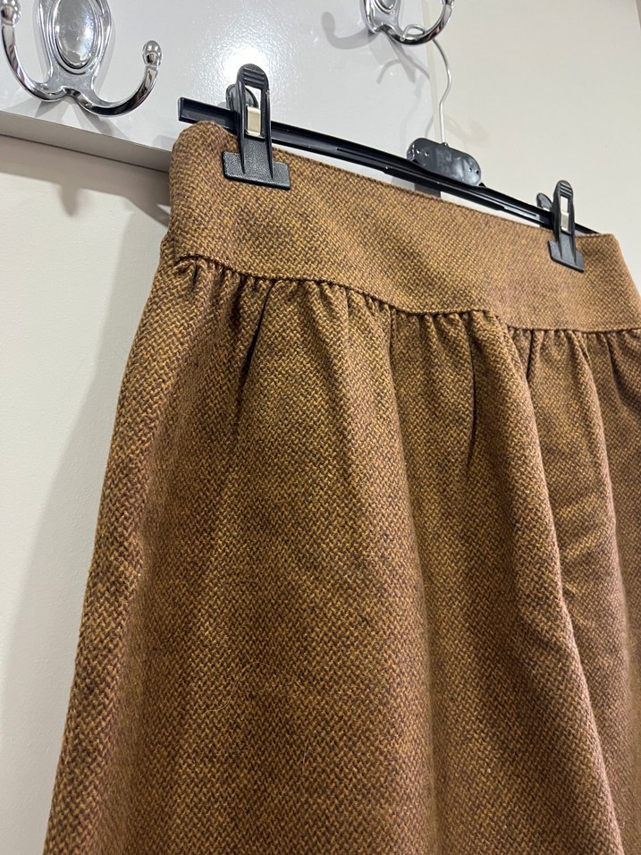 Kahverengi Yün Mini Etek, Kemerli, Bol Kesim - Görsel 2
