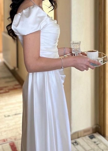 Beyaz Drapeli Straplez Uzun Abiye Elbise - Görsel 4