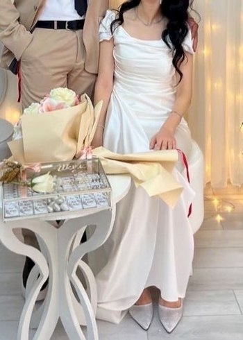 Beyaz Drapeli Straplez Uzun Abiye Elbise - Görsel 8