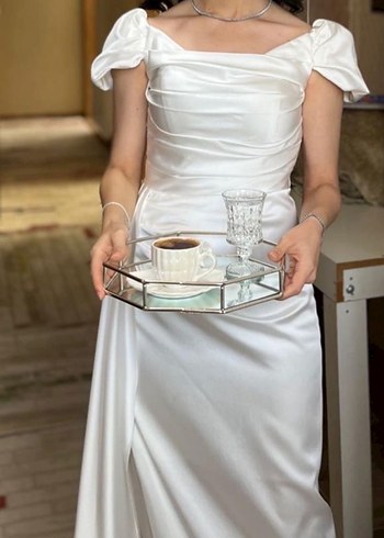 Beyaz Drapeli Straplez Uzun Abiye Elbise - Görsel 7