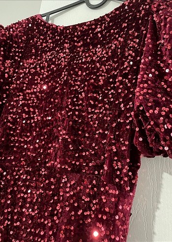 Bordo Uzun Payetli Kadın Elbise - Görsel 4