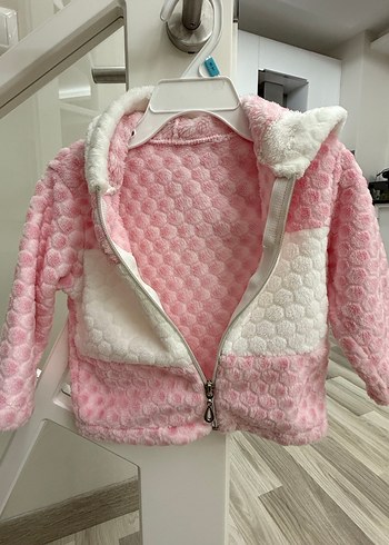 6-9 Ay Beden Kız Çocuk Kapüşonlu Pembe Peluş Ceket