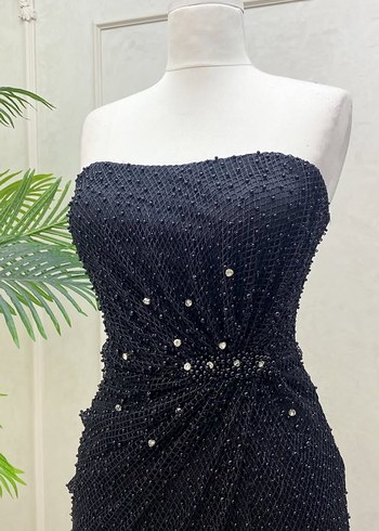 Siyah Boncuk İşlemeli Uzun Abiye Elbise - Görsel 2