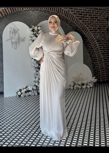 xl Beden Bej Drapeli Uzun Kollu Abiye Elbise nişanlık nikah