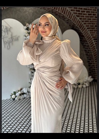 Bej Drapeli Uzun Kollu Abiye Elbise nişanlık nikah