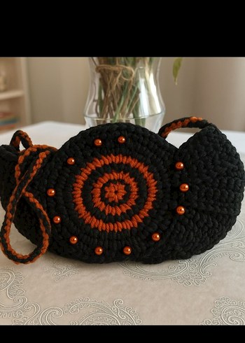 Siyah Turuncu Örgü Bohem Kadın Çanta - Görsel 3