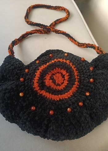 Siyah Turuncu Örgü Bohem Kadın Çanta - Görsel 2