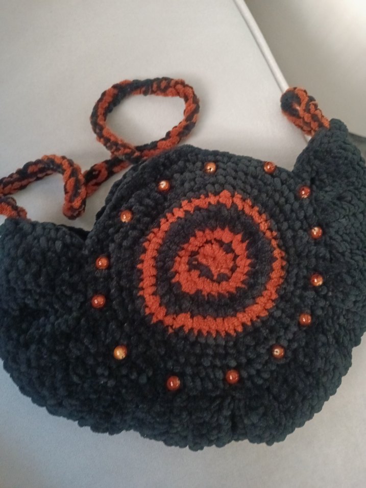 Siyah Turuncu Örgü Bohem Kadın Çanta - Görsel 4