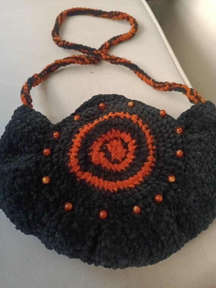 Siyah Turuncu Örgü Bohem Kadın Çanta - Görsel 2