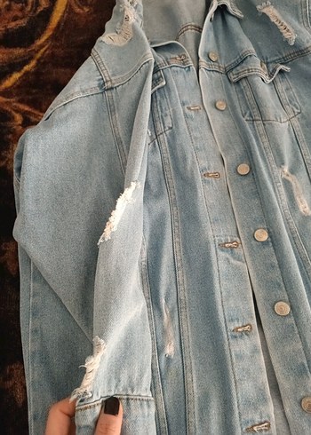 xl Beden Düğmeli Uzun Kesim Pastel Mavi Kadın Kot Ceket