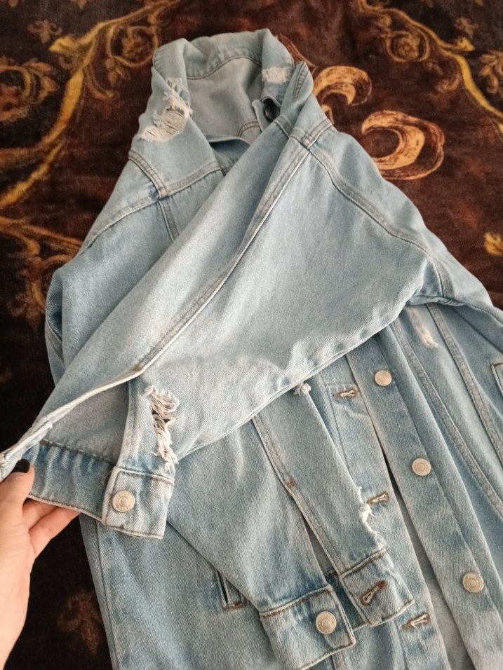 Düğmeli Uzun Kesim Pastel Mavi Kadın Kot Ceket - Görsel 4