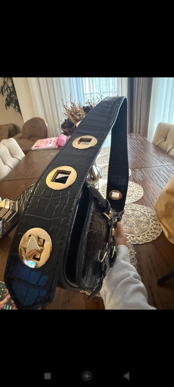 Siyah Deri Yılan Desenli Tokalı Kadın Çanta - Görsel 3