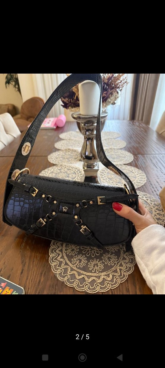 Siyah Deri Yılan Desenli Tokalı Kadın Çanta - Görsel 2