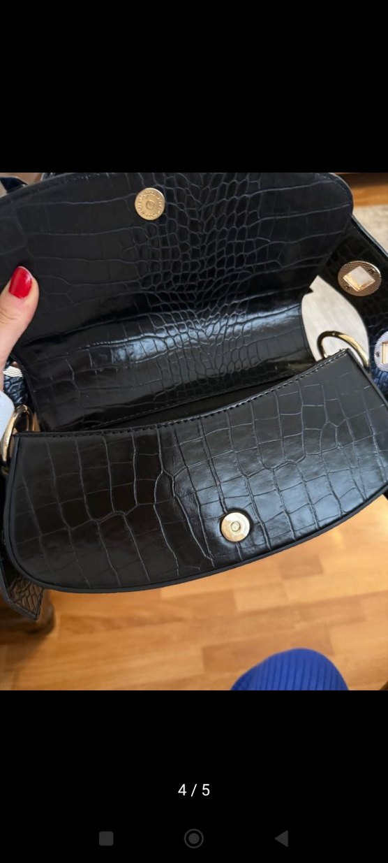 Siyah Deri Yılan Desenli Tokalı Kadın Çanta - Görsel 4