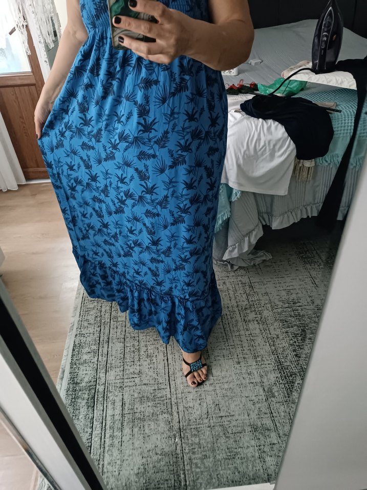 Bohem Koyu Mavi Askısız Midi Elbise - Görsel 4