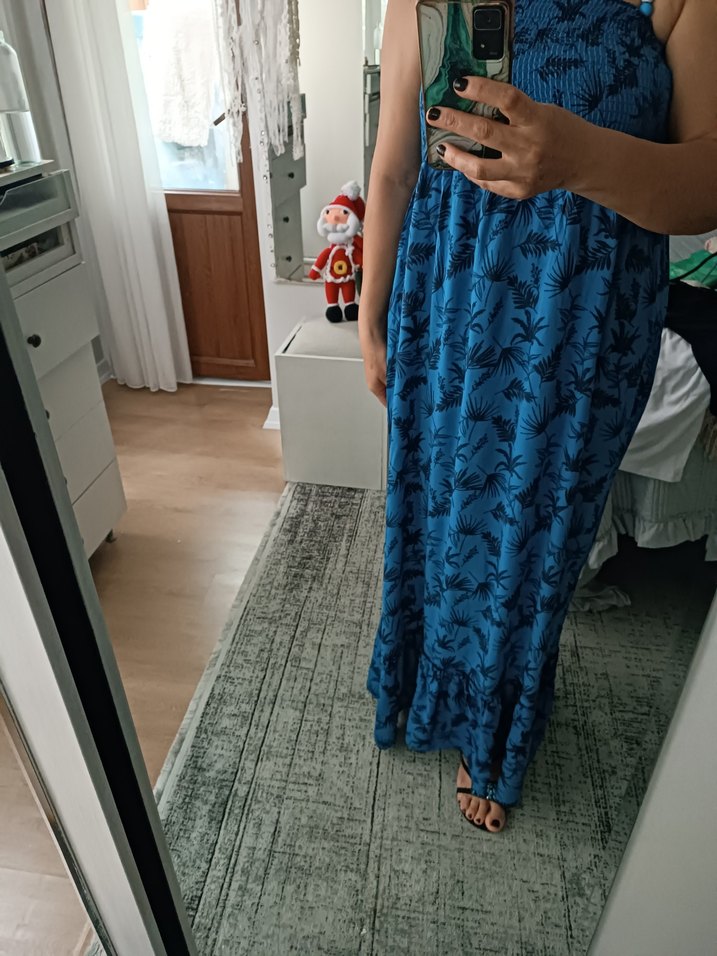 Bohem Koyu Mavi Askısız Midi Elbise - Görsel 3