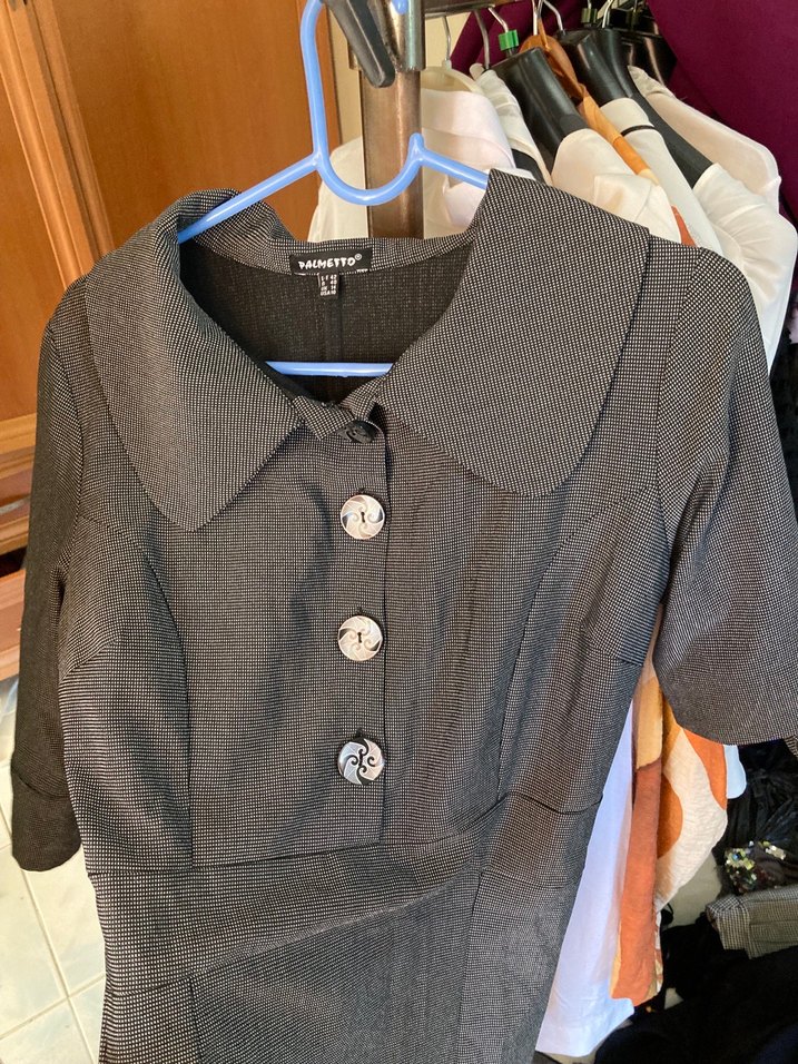 Düğmeli Gri Keten Midi Ofis Elbisesi - Görsel 3