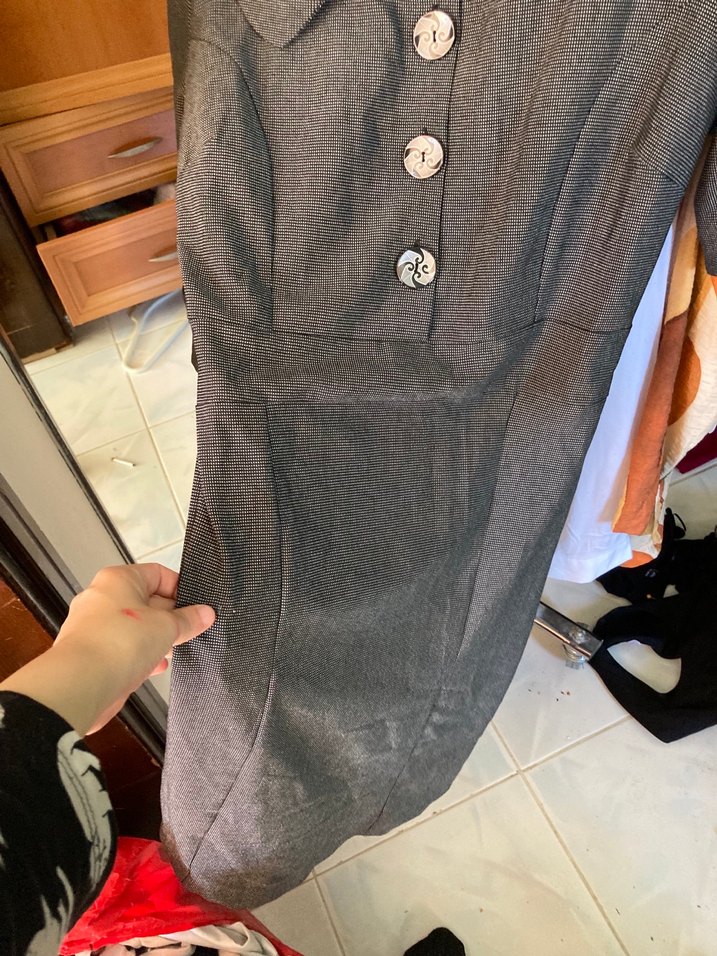 Düğmeli Gri Keten Midi Ofis Elbisesi - Görsel 2