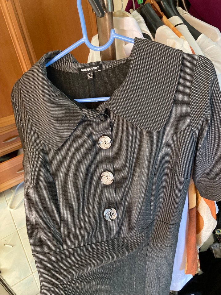 Düğmeli Gri Keten Midi Ofis Elbisesi - Görsel 4