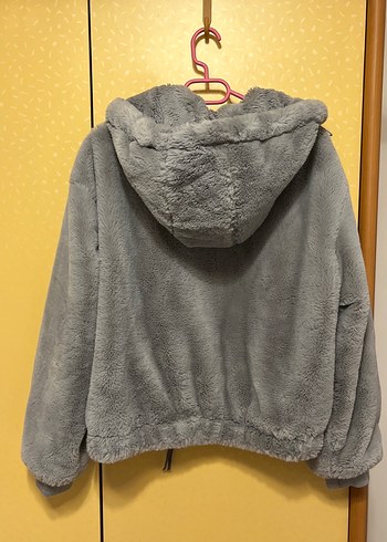 Gri Kapüşonlu Peluş Kadın Ceket - Görsel 5