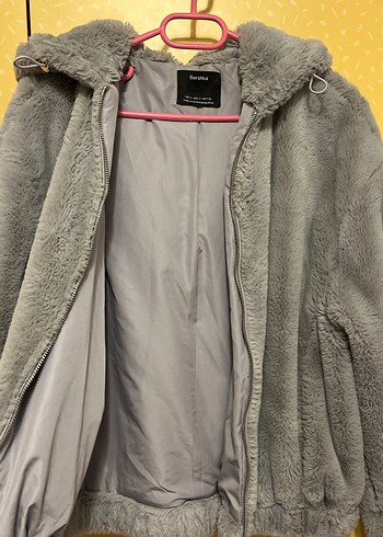 Gri Kapüşonlu Peluş Kadın Ceket - Görsel 4