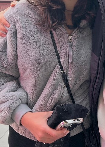 Gri Kapüşonlu Peluş Kadın Ceket - Görsel 7