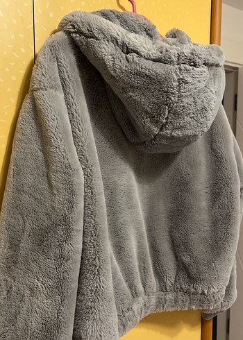 Gri Kapüşonlu Peluş Kadın Ceket - Görsel 6