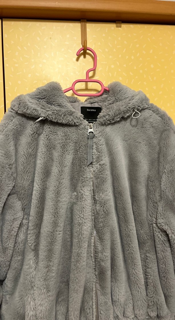 Gri Kapüşonlu Peluş Kadın Ceket - Görsel 2